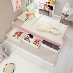 Bett Mit Stauraum JESSY 90x190 Cm, Mit Ausziehbett In Weiß/rosa -Möbelhaus 5057 AC3