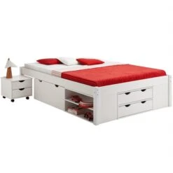 Bett Mit Stauraum SABRINA 140x200 Cm, Kiefer Massiv In Weiß