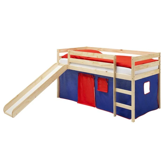 Hochbett Mit Rutsche BENNY Natur, Vorhang Blau/rot 4 Hochbett Mit Rutsche BENNY Natur, Vorhang Blau/rot – Bild 2