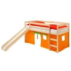 Hochbett Mit Rutsche BENNY Natur, Vorhang In Orange