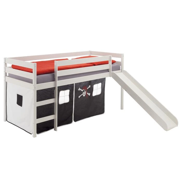 Hochbett Mit Rutsche BENNY Weiß, Vorhang Pirat 3 Hochbett Mit Rutsche BENNY Weiß, Vorhang Pirat
