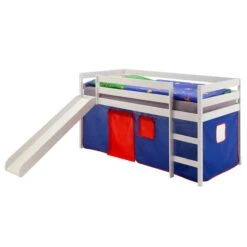 Hochbett Mit Rutsche BENNY Weiß, Vorhang Blau
