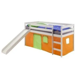 Hochbett Mit Rutsche BENNY Weiß, Vorhang Orange/grün