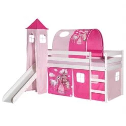 Hochbett Mit Rutsche BENNY Weiß, Vorhang, Turm U. Tunnel PRINZESSIN Pink/rosa