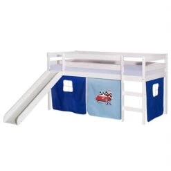 Hochbett Mit Rutsche BENNY Weiß, Vorhang AUTO