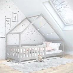 Hausbett CORA In 90 X 200 Cm Aus Massiver Kiefer Mit Rausfallschutz In Grau -Möbelhaus 71352 AC2