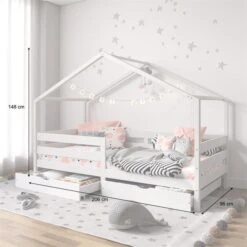 Hausbett ENA 90 X 200 Cm Mit Rausfallschutz Und Zwei Schubladen In Weiß -Möbelhaus 71381 AC2