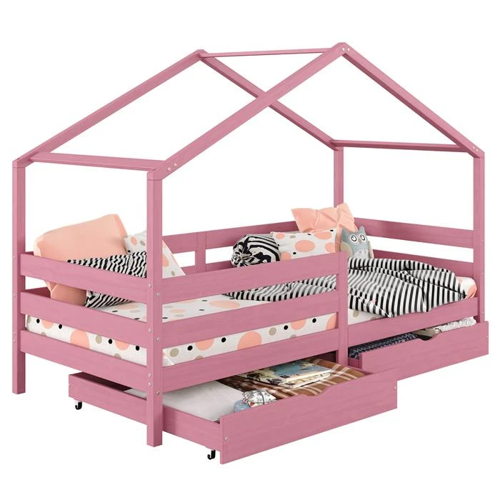 Hausbett ENA 90 X 200 Cm Mit Rausfallschutz Und Zwei Schubladen In Rosa 3 Hausbett ENA 90 X 200 Cm Mit Rausfallschutz Und Zwei Schubladen In Rosa