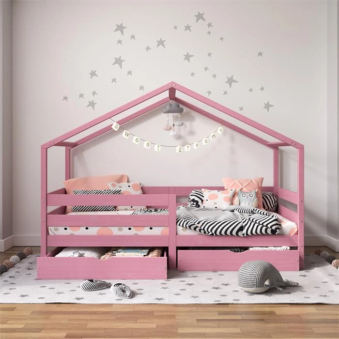 Hausbett ENA 90 X 200 Cm Mit Rausfallschutz Und Zwei Schubladen In Rosa 4 Hausbett ENA 90 X 200 Cm Mit Rausfallschutz Und Zwei Schubladen In Rosa – Bild 2