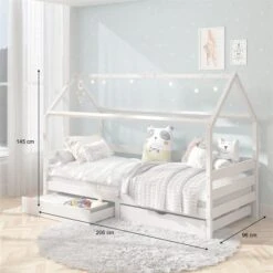 Hausbett CLIA In 90 X 200 Cm Aus Massiver Kiefer Mit 2 Schubladen In Weiß -Möbelhaus 71391 AC2