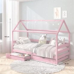 Hausbett CLIA In 90 X 200 Cm Aus Massiver Kiefer Mit 2 Schubladen In Rosa -Möbelhaus 71393 AC2