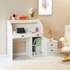 Sekretär TOM Mit 2 Schubladen, Rollladen Und 1 Tür Aus Massiver Kiefer In Weiß -Möbelhaus 7275 AC2