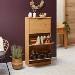 Schuhschrank BASIL Mit 3 Kipper In Braun, Kiefer Massiv -Möbelhaus 84003 A0 1N