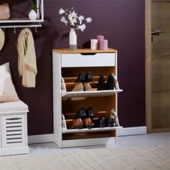 Schuhkipper BASIL Mit 2 Kipper In Weiß/braun, Kiefer Massiv 9 Schuhkipper BASIL Mit 2 Kipper In Weiß/braun, Kiefer Massiv -Möbelhaus 84009 A0 1N