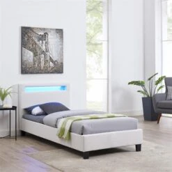 Polsterbett HIMALAYA 90x200 Cm, LED Beleuchtung, Stoff Weiß -Möbelhaus 93517 1