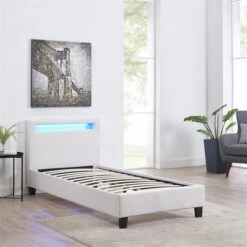 Polsterbett HIMALAYA 90x200 Cm, LED Beleuchtung, Stoff Weiß -Möbelhaus 93517 3