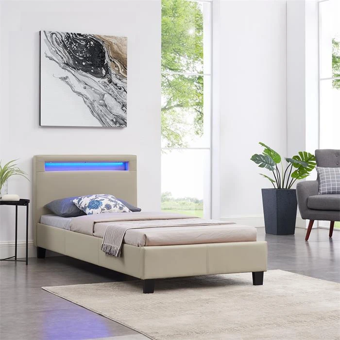 Polsterbett MANDALAY 90x200 Cm, LED Beleuchtung, Kunstleder Beige 4 Polsterbett MANDALAY 90x200 Cm, LED Beleuchtung, Kunstleder Beige – Bild 2