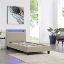 Polsterbett MANDALAY 90x200 Cm, LED Beleuchtung, Kunstleder Beige 10 Polsterbett MANDALAY 90x200 Cm, LED Beleuchtung, Kunstleder Beige -Möbelhaus 93746 2