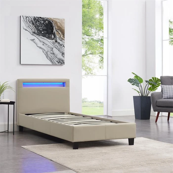 Polsterbett MANDALAY 90x200 Cm, LED Beleuchtung, Kunstleder Beige 5 Polsterbett MANDALAY 90x200 Cm, LED Beleuchtung, Kunstleder Beige – Bild 3