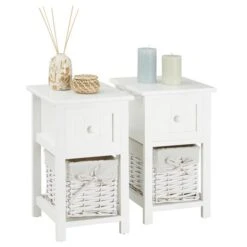 Nachttisch MESSINA Im 2er Set, Mit 1 Schublade Und Korb, In Weiß