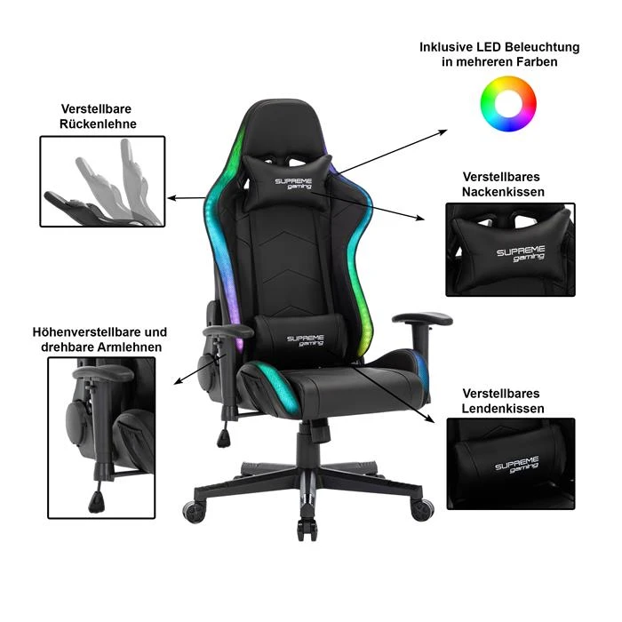 Gamingstuhl SKILLS Bezug Aus Lederimitat In Schwarz, Mit LED Beleuchtung 4 Gamingstuhl SKILLS Bezug Aus Lederimitat In Schwarz, Mit LED Beleuchtung – Bild 2