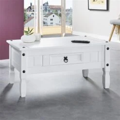 Couchtisch RURAL Im Mexiko Stil Kiefer Massiv Mit 1 Schublade, Weiß Lackiert -Möbelhaus 95046 A0 1N