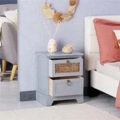 Nachttisch PADMA Mit 2 Schubladen Und Wiener Geflecht, Grau -Möbelhaus 95337 AC2