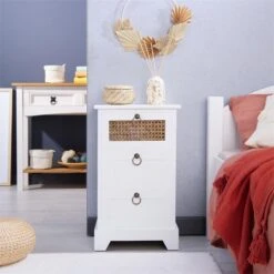 Nachttisch RAJA Mit 3 Schubladen Und Wiener Geflecht, Weiß -Möbelhaus 95341 AC1