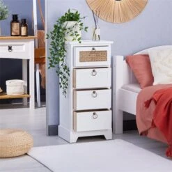 Nachttisch VANIKA Mit 4 Schubladen Und Wiener Geflecht, Weiß -Möbelhaus 95344 AC2