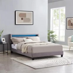 Polsterbett LEXINGTON 140x200 Cm, LED Beleuchtung, Stoff Grau -Möbelhaus 95534 AC0